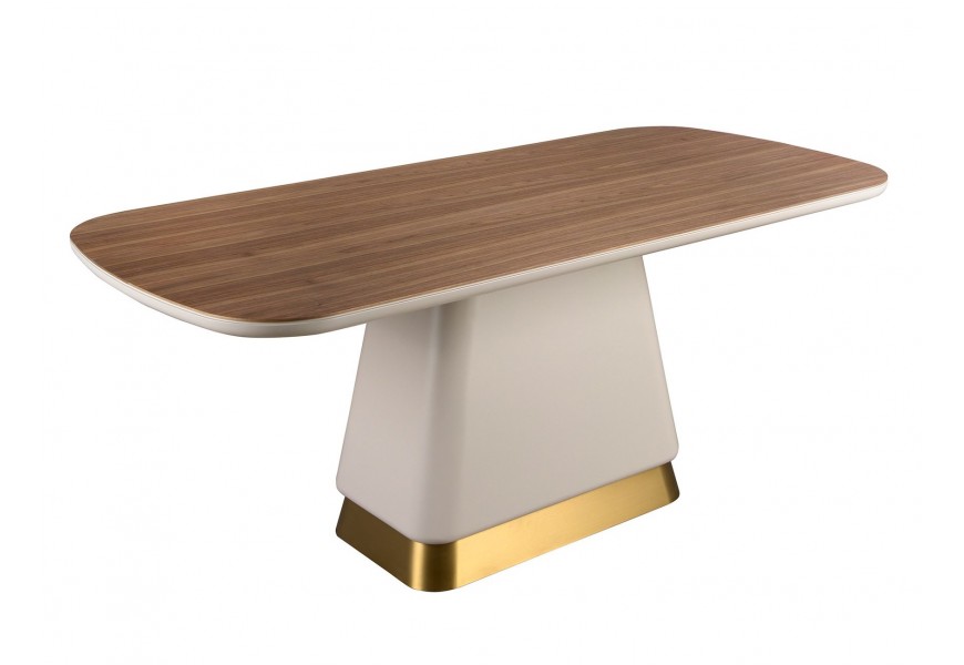 Luxusní art deco obdélníkový jídelní stůl Forma Moderna s mohutnou béžovou nohou a ořechovou hnědou dřevěnou deskou 200 cm