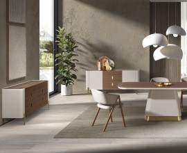 Luxusní moderní jídelní sestava Forma Moderna v kombinaci ořechové hnědé a béžové barvy se zlatým akcentem