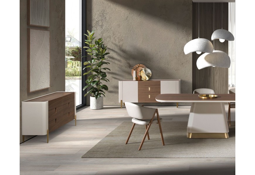 Luxusní moderní sestava nábytku do jídelny Forma Moderna s nádechem art deco stylu v ořechového dřeva v hnědé barvě v kombinaci se světlým béžovým lakováním a lesklými kovovými detaily