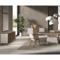Luxusní moderní sestava nábytku do jídelny Forma Moderna s nádechem art deco stylu v ořechového dřeva v hnědé barvě v kombinaci se světlým béžovým lakováním a lesklými kovovými detaily