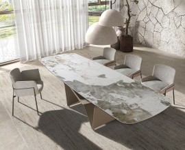 Luxusní jídelní sestava Forma Moderna v hnědých zemitých tónech s rozkládacím mramorovým stolem a čalouněnými židlemi