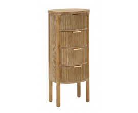 Stylová art deco oválná dřevěná komoda Meer se čtyřmi zásuvkami v hnědé barvě s měděnými úchýtky 82 cm