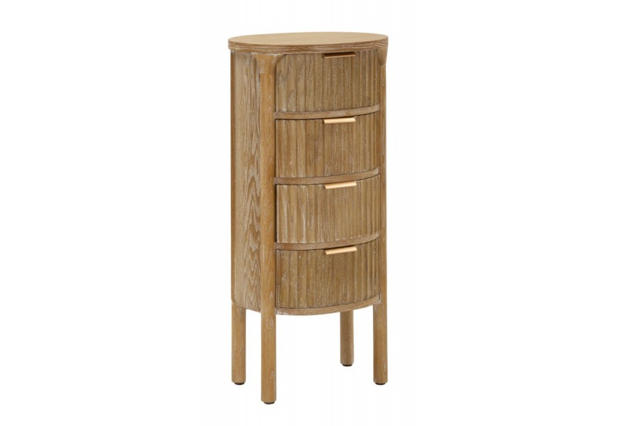 Stylová art deco oválná dřevěná komoda Meer se čtyřmi zásuvkami v hnědé barvě s měděnými úchýtky 82 cm