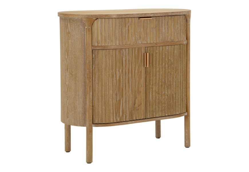 Stylový vintage art deco příborník Meer se dvěma dvířky a šuplíkem z masivního dřeva v hnědé barvě s výraznou drážkovanou strukturou s úchyty z kovu ve zlaté barvě