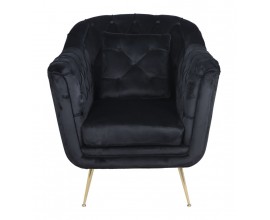 Luxusní art deco černé čalouněné křeslo Melisa se sametovým prošívaným potahem a zlatými vysokými kovovými nožičkami 91 cm