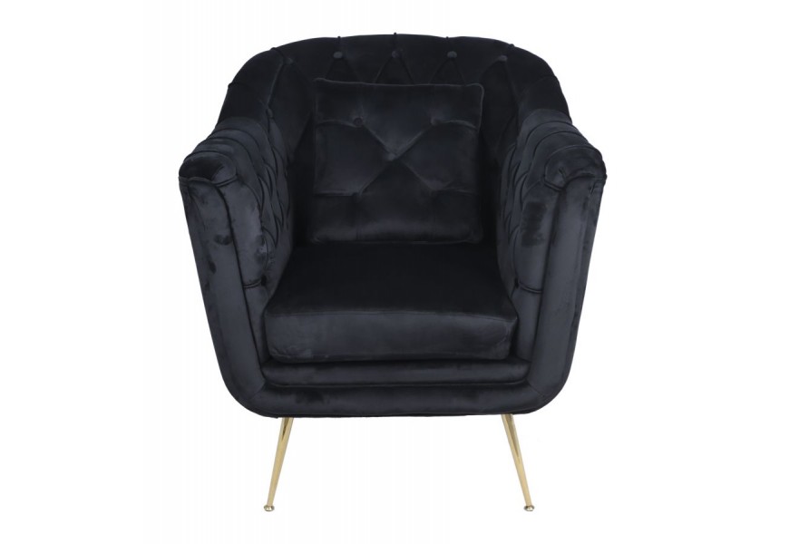 Luxusní art deco černé čalouněné křeslo Melisa se sametovým prošívaným potahem a zlatými vysokými kovovými nožičkami 91 cm