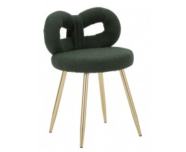 Moderní art deco jídelní židle janar s bouclé potahem v tmavě zelené barvě s atypickým opěradlem a kulatým sedátkem s nožičkami z kovu ve zlaté barvě