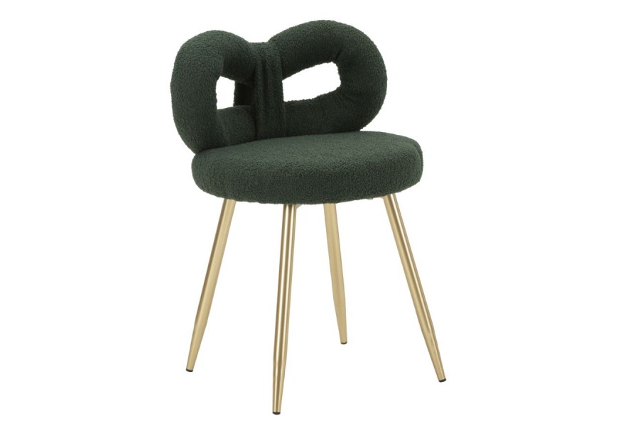Moderní art deco jídelní židle janar s bouclé potahem v tmavě zelené barvě s atypickým opěradlem a kulatým sedátkem s nožičkami z kovu ve zlaté barvě