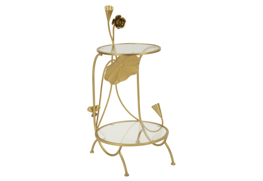Designový glamour příruční stolek Natura Elegante s kovovou konstrukcí ve zlaté barvě s florálním zdobením v kulatém tvaru s vrchní deskou a policí ze skla