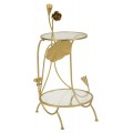 Designový glamour příruční stolek Natura Elegante s kovovou konstrukcí ve zlaté barvě s florálním zdobením v kulatém tvaru s vrchní deskou a policí ze skla