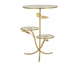 Designový glamour příruční stolek Natura Elegante s kovovou konstrukcí ve zlaté barvě s florálním zdobením s vrchní deskou a dvěma policemi ze skla