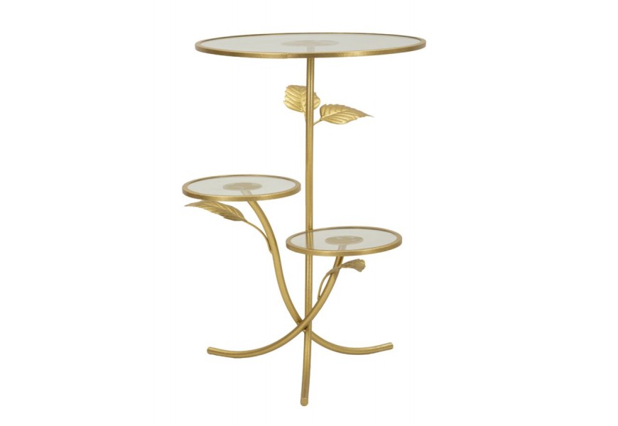 Designový glamour příruční stolek Natura Elegante s kovovou konstrukcí ve zlaté barvě s florálním zdobením s vrchní deskou a dvěma policemi ze skla