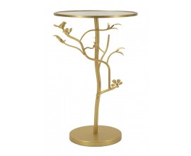 Designový kulatý zlatý kovový příruční stolek Natura Elegante s florálním zdobením a vrchní skleněnou deskou 60 cm