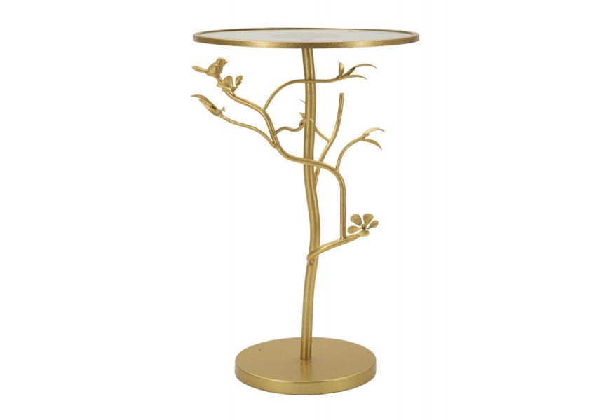 Designový kulatý zlatý kovový příruční stolek Natura Elegante s florálním zdobením a vrchní skleněnou deskou 60 cm