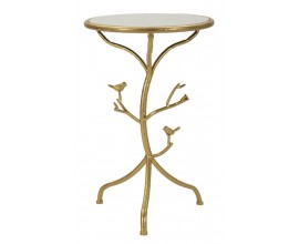 Designový glamour příruční stolek Natura Elegante v kulatém tvaru s kovovou konstrukcí ve zlaté barvě s atypickou nohou v podobě větve s vrchní bílou mramorovou deskou