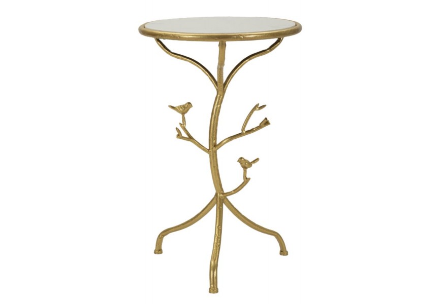Designový glamour příruční stolek Natura Elegante v kulatém tvaru s kovovou konstrukcí ve zlaté barvě s atypickou nohou v podobě větve s vrchní bílou mramorovou deskou
