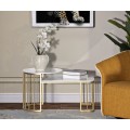 Designový art deco mramorový set konferenčních stolků Hera s kovovou zlatou konstrukcí v kulatém a obdélníkovém tvaru 90 cm