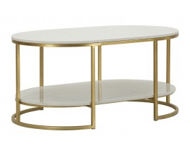 Art deco oválný konferenční stolek Auria se dvěma deskami v bílém mramorovém designu s šedými žilkami a pevnou zlatou kovovou konstrukcí s oblými liniemi