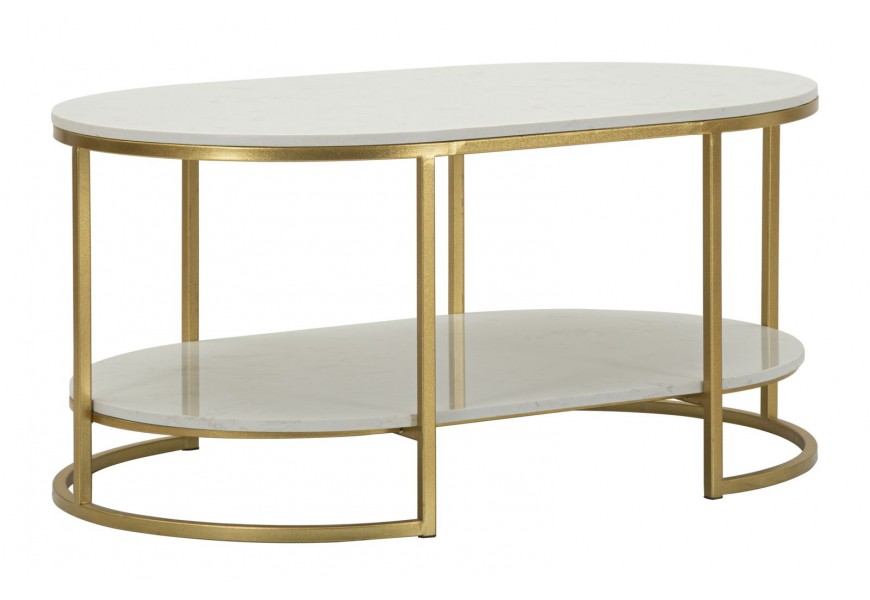 Art deco oválný konferenční stolek Auria se dvěma deskami v bílém mramorovém designu s šedými žilkami a pevnou zlatou kovovou konstrukcí s oblými liniemi