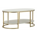 Art deco oválný konferenční stolek Auria se dvěma deskami v bílém mramorovém designu s šedými žilkami a pevnou zlatou kovovou konstrukcí s oblými liniemi