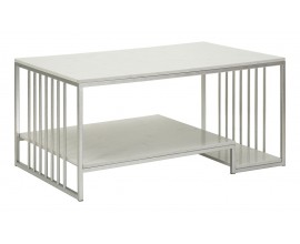Stylový obdélníkový art deco stříbrný kovový konferenční stolek Silviana s policí a bílým mramorovým designem 90 cm