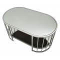 Stylový art deco oválný konferenční stolek Silvario se stříbrnou kovovou konstrukcí se zrcadlovou deskou a policí 90 cm