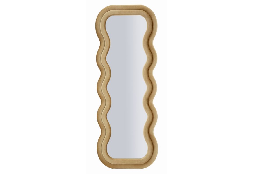 Moderní obdélníkové zrcadlo Swan v béžové barvě s vlnitým dvojitým rámem se sametovým potahem a oválnou zrcadlovou plochou potaženou i ze zadní strany s dýhovanou výztuhou
