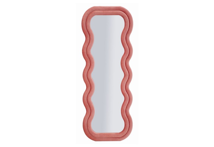 Designové nástěnné zrcadlo Swan v růžové barvě s dvojitým vlnitým rámem a sametovým potahem v atypickém obdélníkovém tvaru vyztužené dýhovaným dřevem
