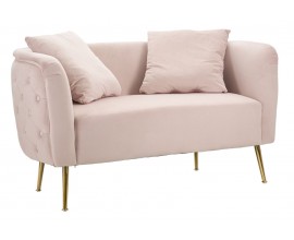 Art deco obdélníková růžová čalouněná sametová dvoumístná sedačka Swan s výrazným prošíváním a zlatými nožičkami 127 cm