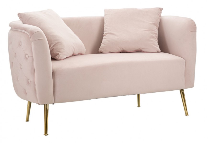 Art deco obdélníková růžová čalouněná sametová dvoumístná sedačka Swan s výrazným prošíváním a zlatými nožičkami 127 cm