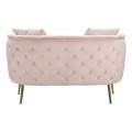 Art deco obdélníková růžová čalouněná sametová dvoumístná sedačka Lienne s výrazným prošíváním a zlatými nožičkami 127 cm