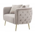 Art deco obdélníková šedá čalouněná dvoumístná sedačka Lienne a oblými opěrkami na zlatých nožičkách 127 cm
