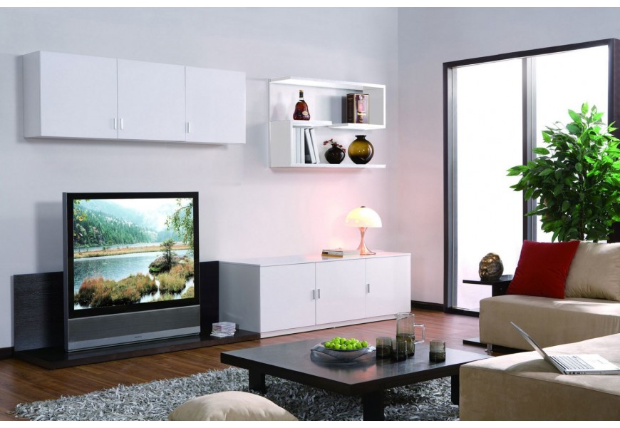 Moderní minimalistický čtyřdveřový obdélníkový bílý příborník Meralos s kovovými úchyty a podstavou 160 cm