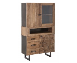 Industrial rectangular brown three-door display cabinet Cubilio made of solid acacia wood with metal legs 177 cm
