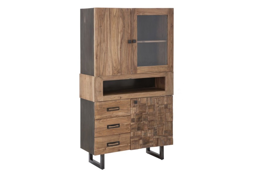 Industrial rectangular brown three-door display cabinet Cubilio made of solid acacia wood with metal legs 177 cm