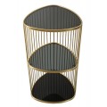 Art deco trojúhelníkový třístupňový příruční stolek Fayer se zlatou kovovou konstrukcí a černými skleněnými deskami 80 cm