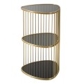 Art deco trojúhelníkový třístupňový příruční stolek Fayer se zlatou kovovou konstrukcí a černými skleněnými deskami 80 cm