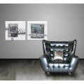 Designové moderní prošívané křeslo Paarth s lesklým koženým potahem v tmavě modré barvě a stříbrným polštářem 107 cm