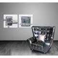 Designové moderní prošívané křeslo Paarth s lesklým koženým potahem v tmavě modré barvě a stříbrným polštářem 107 cm