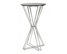 Glamour barový stůl Virello s černou jemně průhlednou skleněnou kulatou deskou a stříbrnou geometrickou konstrukcí z kovových tyčí ve tvaru přesýpacích hodin