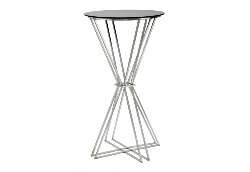Glamour barový stůl Virello s černou jemně průhlednou skleněnou kulatou deskou a stříbrnou geometrickou konstrukcí z kovových tyčí ve tvaru přesýpacích hodin