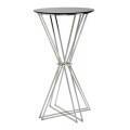 Glamour barový stůl Virello s černou jemně průhlednou skleněnou deskou a stříbrnou geometrickou konstrukcí z kovových tyčí ve tvaru přesýpacích hodin