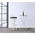 Moderní art deco kovový kulatý stříbrný barový stůl Virello s černou skleněnou deskou ve tvaru přesýpacích hodin 105 cm