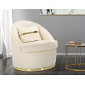 Stylové art deco kulaté krémové sametové křeslo Bellaria se zlatými detaily a vertikálním prošíváním 80 cm