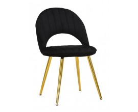 Stylová art deco černá čalouněná jídelní židle Celistie se zlatými kovovými nožičkami a vykrojeným opěradlem 78 cm
