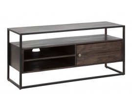 Modern&iacute; industri&aacute;ln&iacute; televizn&iacute; stolek Melvin s jednodveřovou skř&iacute;ňkou a dvěma men&scaron;&iacute;mi policemi a jednou velkou otevřenou polic&iacute; s konstrukc&iacute; z kovu v čern&eacute; barvě z masivn&iacute;ho ak&aacute;ciov&eacute;ho dřeva v tmavě hněd&eacute;m proveden&iacute;