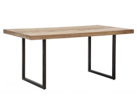 Designový moderní masivní jídelní stůl Cubilio s obdélníkovou vrchní deskou s geometrickou mozaikou ze světlého hnědého akáciového dřeva se dvěma nožičkami ve tvaru U z kovu v černé barvě
