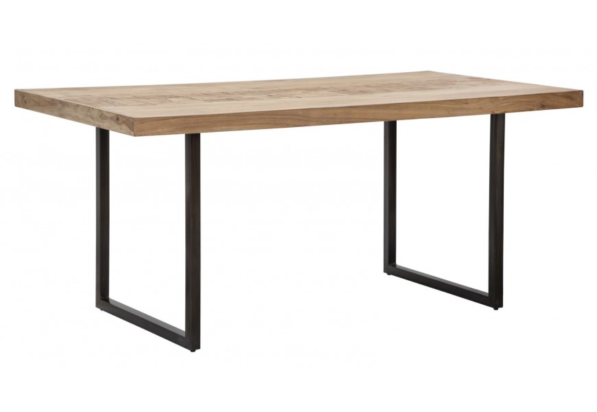 Designový moderní masivní jídelní stůl Cubilio s obdélníkovou vrchní deskou s geometrickou mozaikou ze světlého hnědého akáciového dřeva se dvěma nožičkami ve tvaru U z kovu v černé barvě
