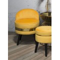 Designové art deco kulaté křeslo Laurentia s nízkou opěrkou se žlutým sametovým potahem a zlatým kovovým detailem 62 cm