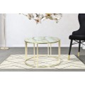 Designový art deco kulatý konferenční stolek Vertiano se skleněnou deskou s modrým mramorovým designem a zlatou podstavou 75 cm